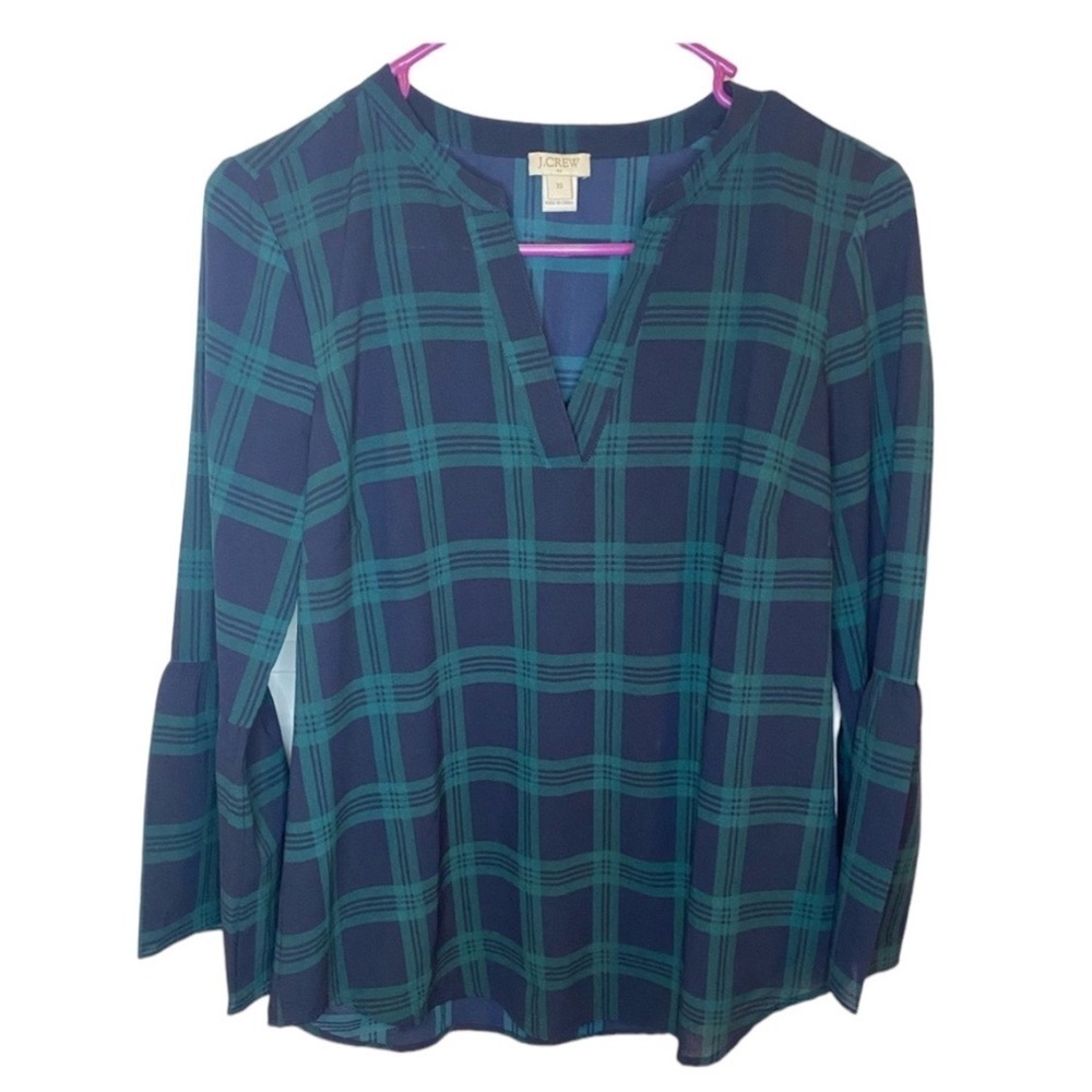 J Crew Green/Navy plaid bell sleeve v neck blouse